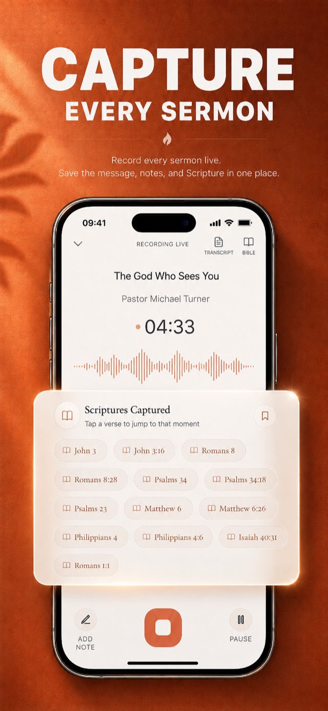 Recording screen with a live waveform capturing a sermon