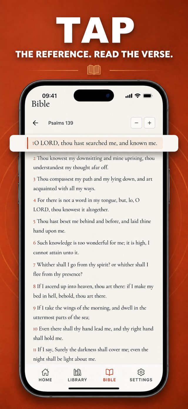 The built-in KJV Bible in Sunday Notes AI opened to a detected verse