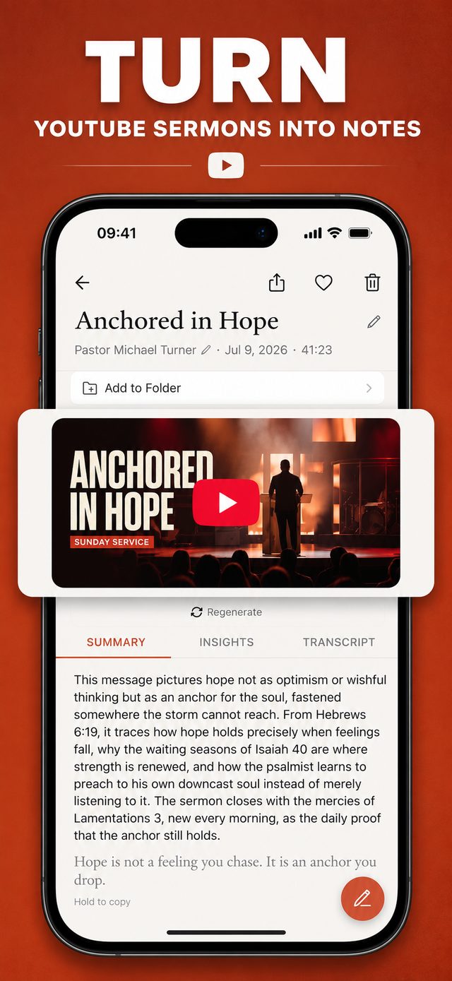 Sunday Notes AI import screen turning a YouTube sermon link into a transcript