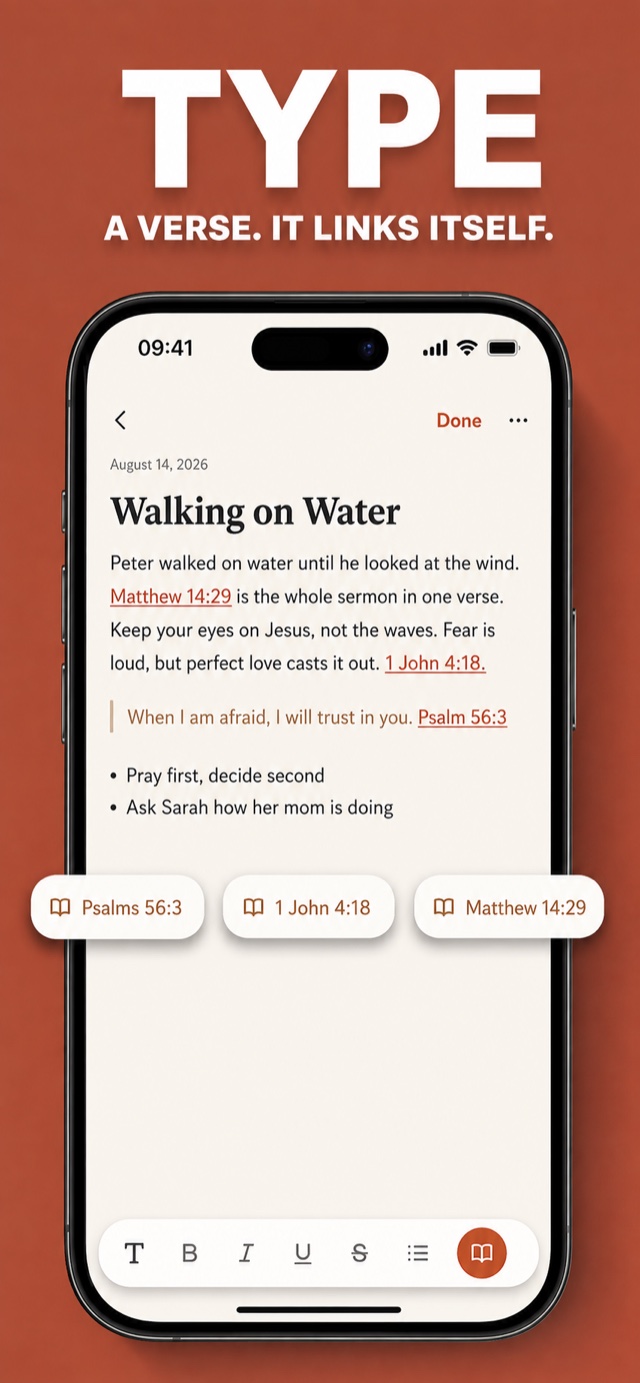 A free sermon note turns typed Bible references into tappable verse links